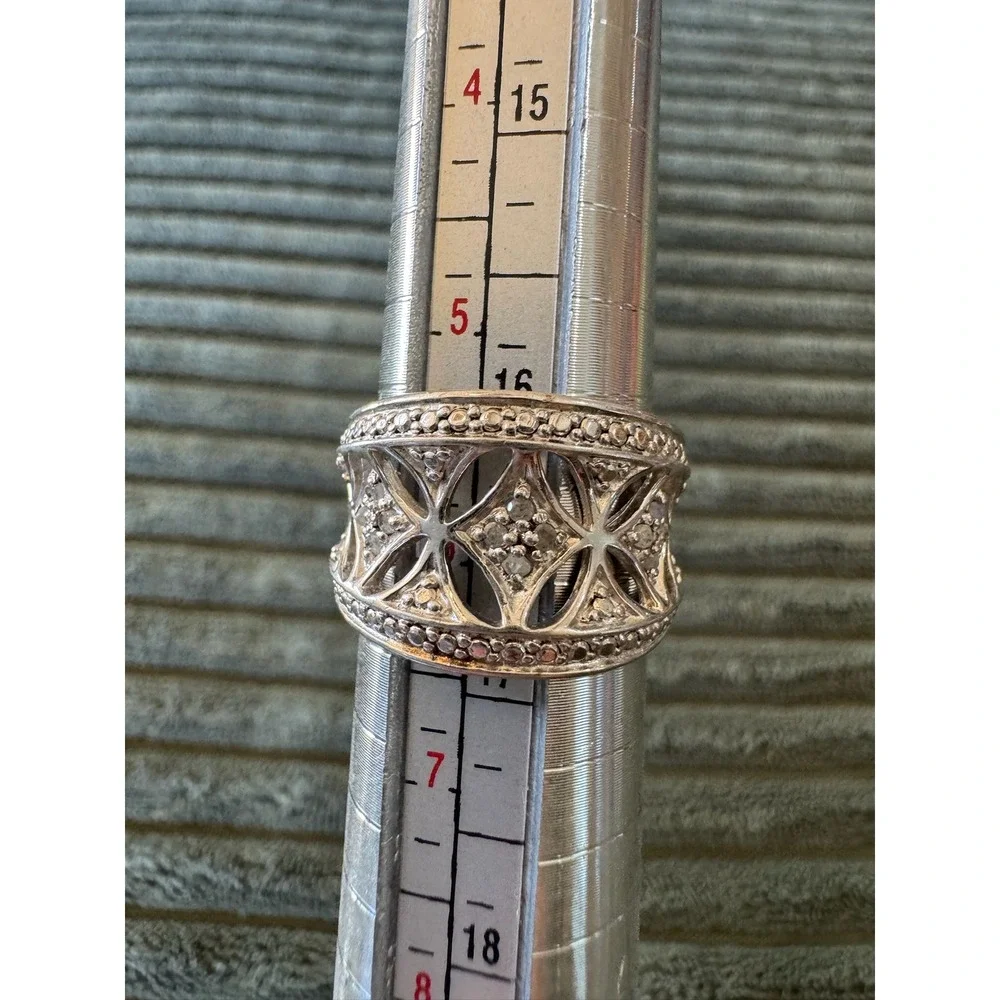 925 Sterling Silver Diamond Accent Ring, Wide Band, Size 6, RJ6, Statement Ring